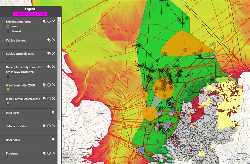 Overzicht van energie activiteiten op de Noordzee zoals windmoleparken, gas- en olieleidingen en scheepvaartroutes